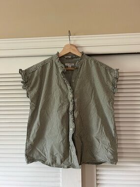 Green and White Striped Ruffle-Sleeve Button Front Blouse